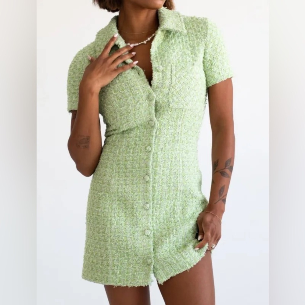 Rumored Light Green Tweed Mini Dress